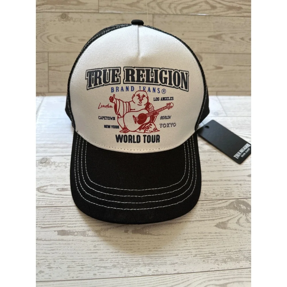 True Religion Trucker Hat World Tour White Black Y2K Streetwear SnapBack Cap NWT